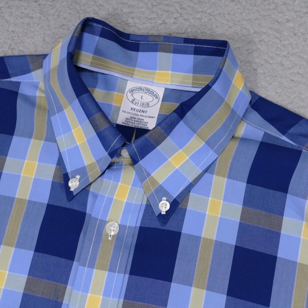 Brook Brothers Regent Dress Shirt Mens Large Blue Plaid Long Sleeve Supima